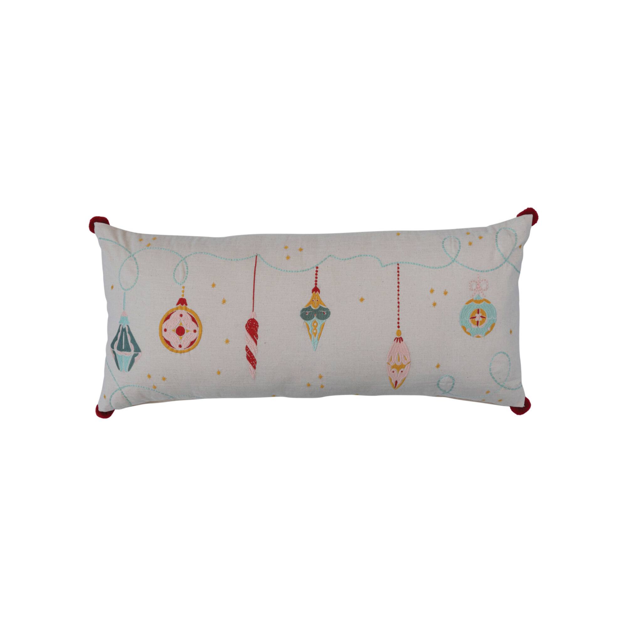 Hello Honey® 36" Multicolor Embroidered Ornaments & Pom Poms Cotton Slub Lumbar Pillow